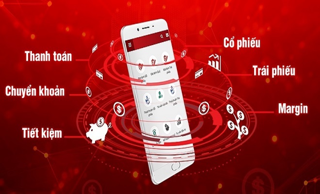 Hình minh họa điện thoại thông minh với các dịch vụ tài chính như thanh toán, chuyển khoản, tiết kiệm.