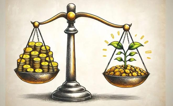 Cán cân với một bên là nhiều đồng xu, bên kia là cây non mọc từ đất, biểu tượng cho sự cân bằng tài chính và phát triển.
