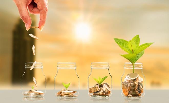 Bàn tay thả tiền xu vào lọ thủy tinh, bên trong có cây non và tiền xu, biểu thị sự phát triển tài chính.
