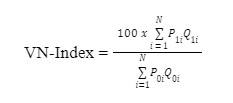 Công thức tính chỉ số VN-Index, bao gồm các ký hiệu toán học và biến số trong phép tính tài chính.