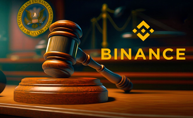 Hình ảnh chiếc búa gỗ trên bàn, logo Binance và biểu tượng cơ quan pháp lý phía sau.