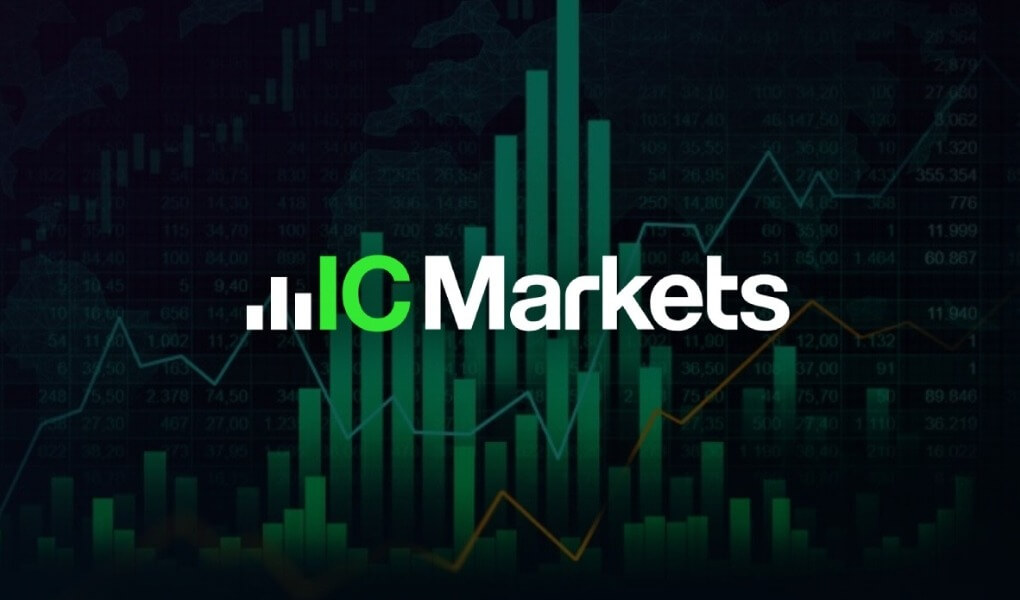 Biểu đồ tài chính với logo "IC Markets", nền tối và các đường đồ thị màu xanh lá, trắng, vàng.