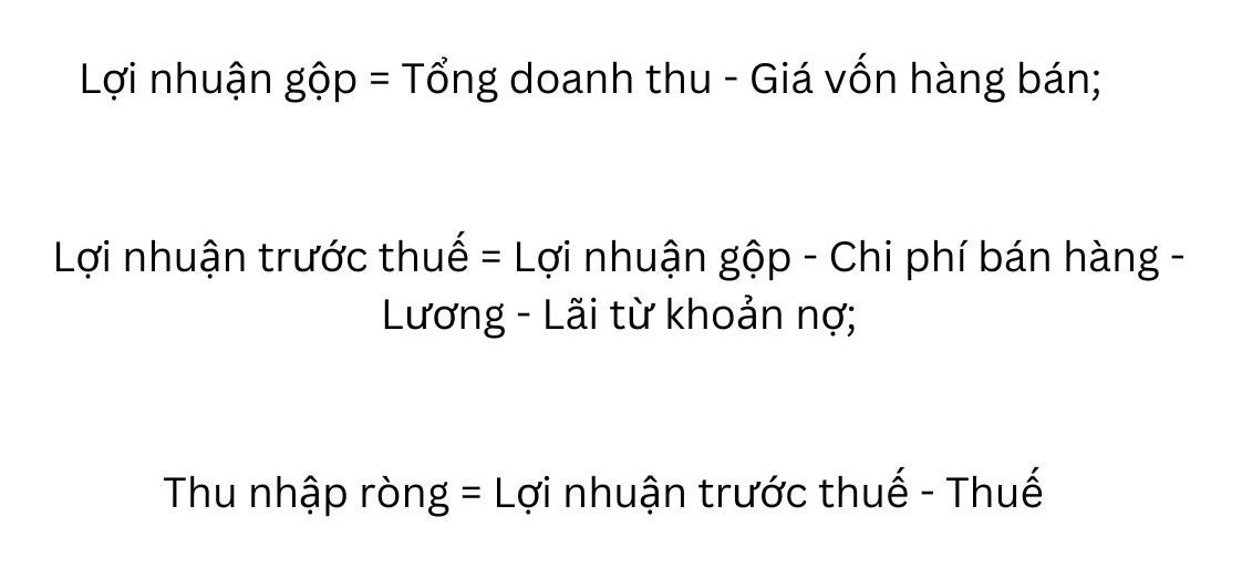 Công thức tính toán lợi nhuận gộp, lợi nhuận trước thuế và thu nhập ròng trong kinh doanh.