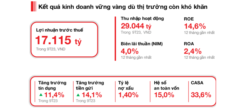 Biểu đồ hiển thị các chỉ số tài chính như lợi nhuận, thu nhập, tăng trưởng tín dụng và tỷ lệ nợ xấu.