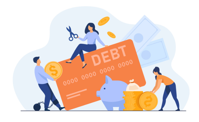 Ba người với thẻ nợ, kéo, heo đất, tiền xu và tiền giấy, tượng trưng cho quản lý tài chính cá nhân.