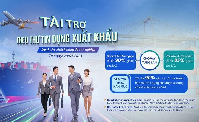 Hình ảnh quảng cáo về tài trợ tín dụng xuất khẩu, có nhóm người mặc vest và đồ công sở, nền là tàu biển và máy bay.