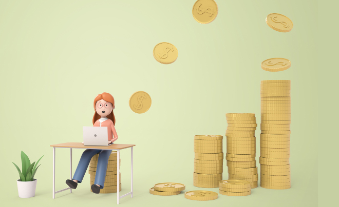Nhân vật hoạt hình ngồi cạnh bàn làm việc với máy tính xách tay, bên cạnh là các chồng tiền xu.