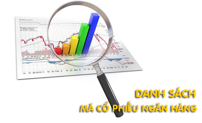 Kính lúp phóng to biểu đồ cột màu sắc trên nền biểu đồ chứng khoán, với tiêu đề "Danh sách mã cổ phiếu ngân hàng".