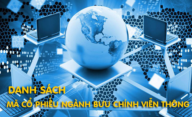 Hình ảnh quả địa cầu với bốn laptop xung quanh, có chữ "Danh sách mã cổ phiếu ngành bưu chính viễn thông".