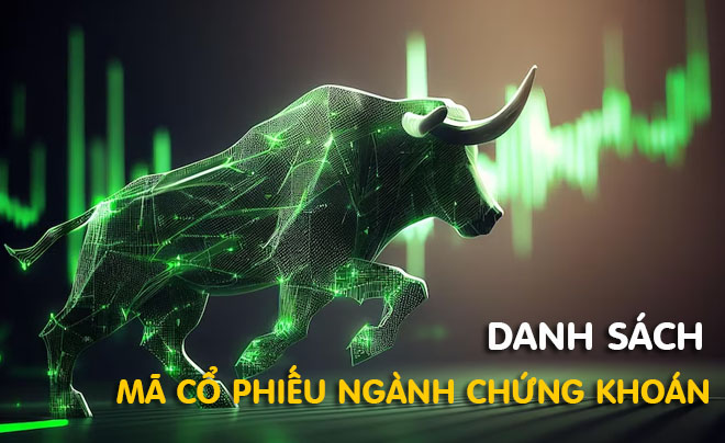 Hình ảnh một con bò tót phát sáng màu xanh lá cây bên cạnh biểu đồ tài chính và dòng chữ về mã cổ phiếu.