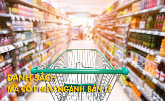 Giỏ hàng trống trong siêu thị, xung quanh là kệ hàng đầy sản phẩm, có chữ "Danh sách mã cổ phiếu ngành bán lẻ".