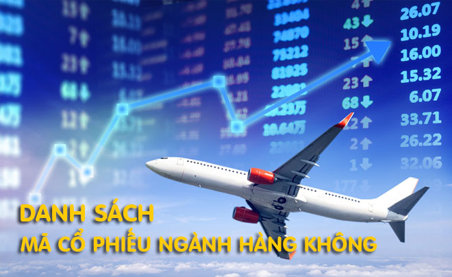 Máy bay trên nền bảng số liệu tài chính, với tiêu đề "Danh sách mã cổ phiếu ngành hàng không".