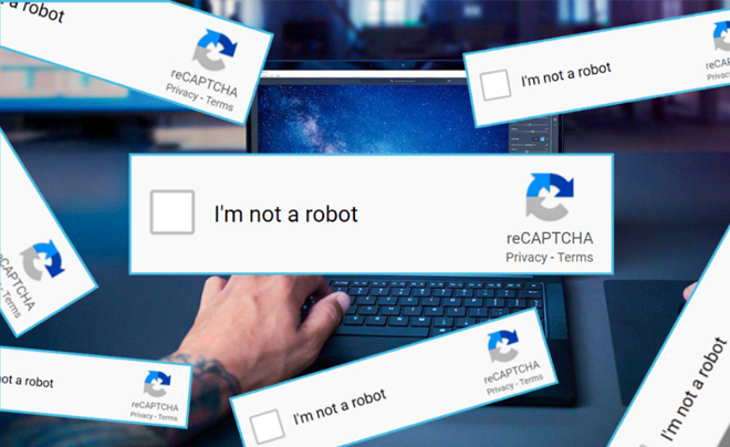 Người dùng đang làm việc trên máy tính xách tay, xung quanh là nhiều hình ảnh CAPTCHA "I'm not a robot".