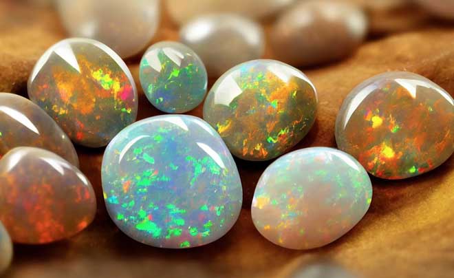 Các viên đá opal nhiều màu sắc lấp lánh trên nền nâu sáng.