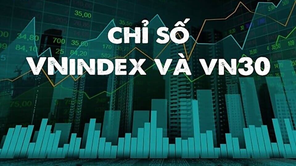 Biểu đồ chỉ số VNINDEX và VN30 trên nền hình ảnh các tòa nhà cao tầng.