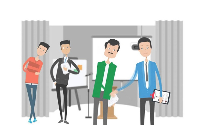 Bốn nhân vật hoạt hình đứng trước màn hình trình chiếu, một người cầm máy tính bảng và người khác cầm giấy tờ.