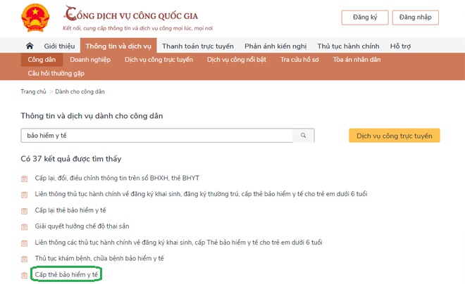 Trang web dịch vụ công, tìm kiếm thông tin bảo hiểm y tế cho công dân, giao diện tiếng Việt.