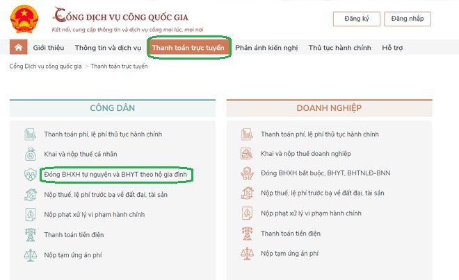 Giao diện trang web thanh toán trực tuyến của Cổng Dịch vụ Công Quốc gia, với các mục cho công dân và doanh nghiệp.