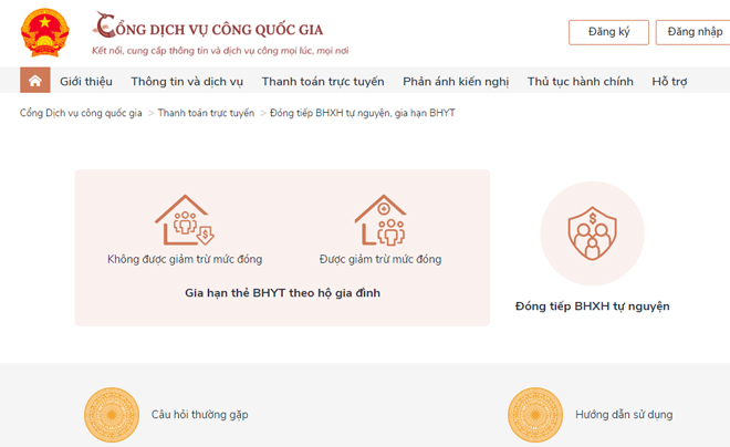 Giao diện trang web Cổng Dịch vụ công quốc gia với các tùy chọn gia hạn thẻ BHYT và đóng BHXH tự nguyện.