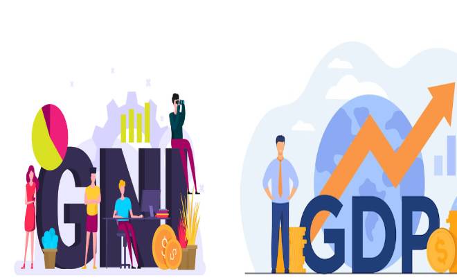 Hình minh họa người và biểu đồ xung quanh chữ GNI và GDP, biểu thị kinh tế và tài chính.