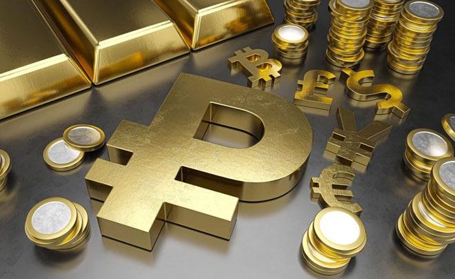 Các biểu tượng tiền tệ và thỏi vàng trên nền màu xám, biểu trưng cho sự giàu có và tài chính.