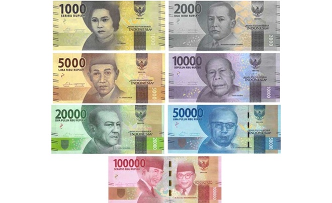 Hình ảnh các tờ tiền Indonesia với nhiều mệnh giá khác nhau và chân dung các nhân vật lịch sử.
