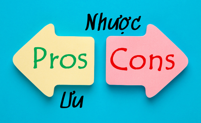 Hai mũi tên đối lập màu vàng và hồng, chứa chữ "Pros" và "Cons", nền xanh.