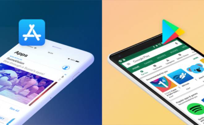 Hai điện thoại thông minh hiển thị các ứng dụng từ App Store và Google Play Store.