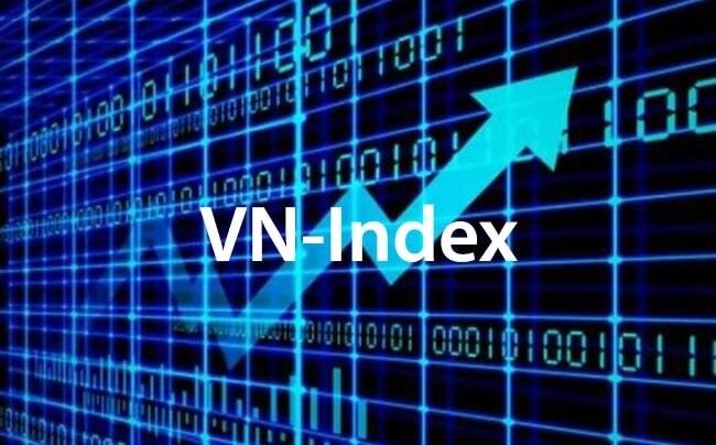 Biểu đồ tài chính với mũi tên xanh đi lên, dòng chữ VN-Index nổi bật ở giữa.