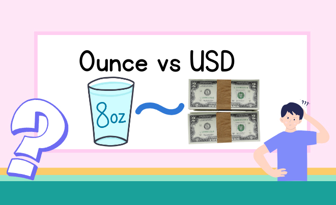 Hình ảnh so sánh giữa ly nước 8 ounce và hai xấp tiền đô la Mỹ, có người đứng bên cạnh.