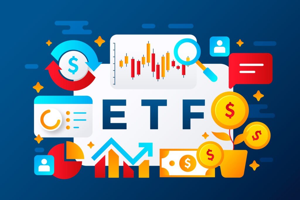 Minh họa về ETF với biểu đồ, mũi tên tăng trưởng, tiền xu và ký hiệu đô la trên nền xanh.