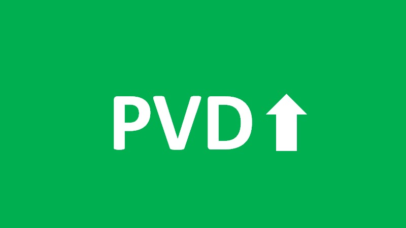 Văn bản "PVD" và mũi tên hướng lên màu trắng trên nền xanh lá cây.