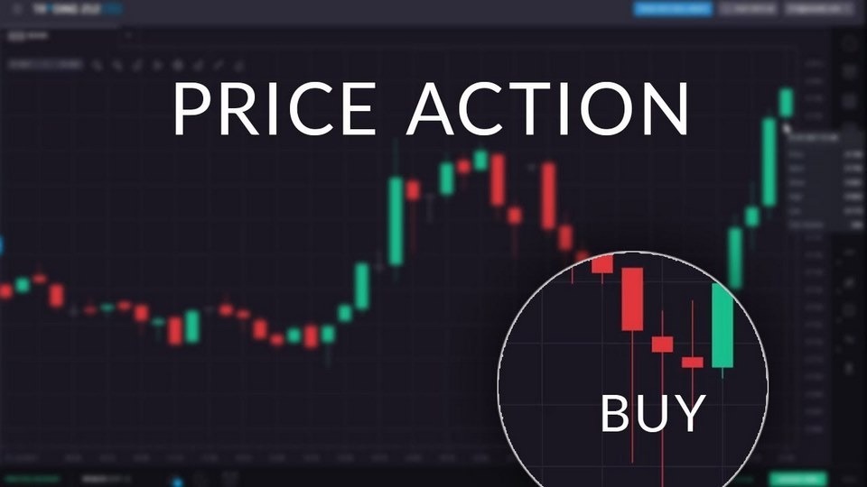 Biểu đồ nến hiển thị xu hướng giá thị trường với dòng chữ "Price Action" và "Buy" được phóng to.