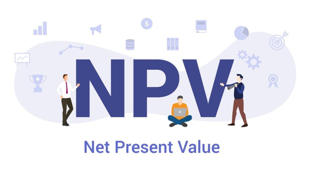 Hình ảnh minh họa khái niệm "Net Present Value" với chữ "NPV" lớn và các biểu tượng kinh doanh xung quanh.