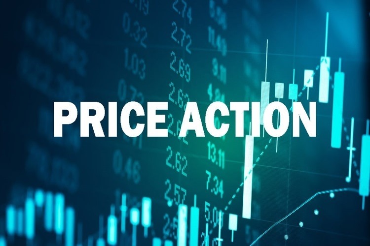 Biểu đồ nến và chữ "PRICE ACTION" trên nền xanh lam, thể hiện biến động giá trong tài chính.