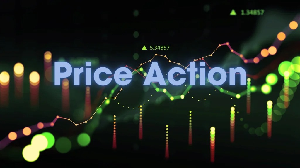 Biểu đồ tài chính với dòng chữ "Price Action", hiển thị dữ liệu giá và xu hướng thị trường bằng các đường và cột sáng.