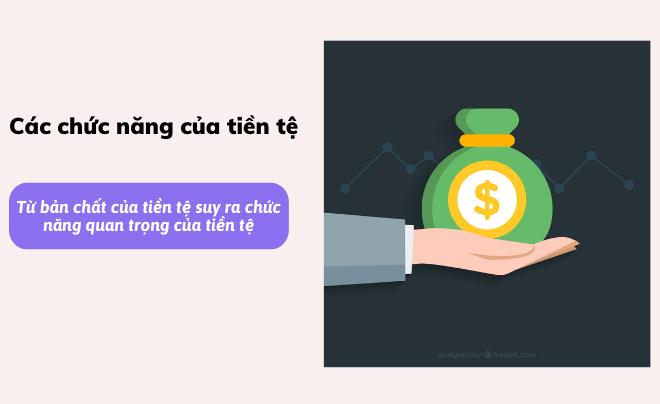 Hình ảnh tay cầm túi tiền có ký hiệu đô la, biểu đồ đường phía sau, kèm văn bản về chức năng của tiền tệ.