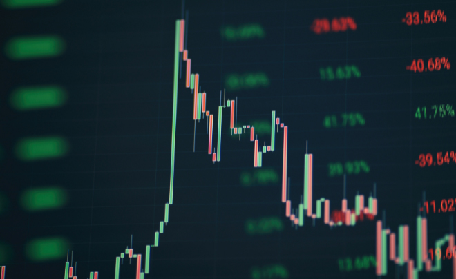 Biểu đồ nến hiển thị biến động gi&aacute; trong thị trường t&agrave;i ch&iacute;nh với c&aacute;c con số phần trăm m&agrave;u đỏ v&agrave; xanh.