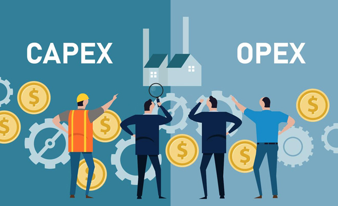 Hình minh họa về CAPEX và OPEX với ba người đang suy nghĩ trước bánh răng và biểu tượng tiền.