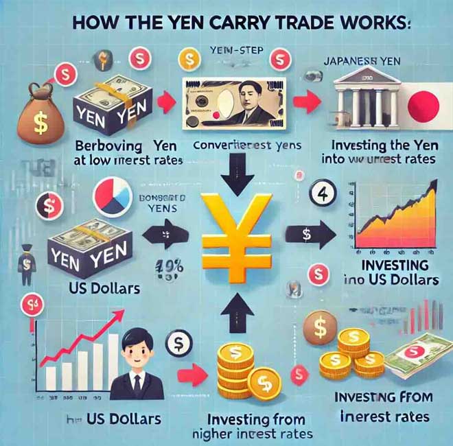 Infographic giải thích cách thức hoạt động của giao dịch chênh lệch lãi suất với đồng Yên Nhật và Đô la Mỹ.