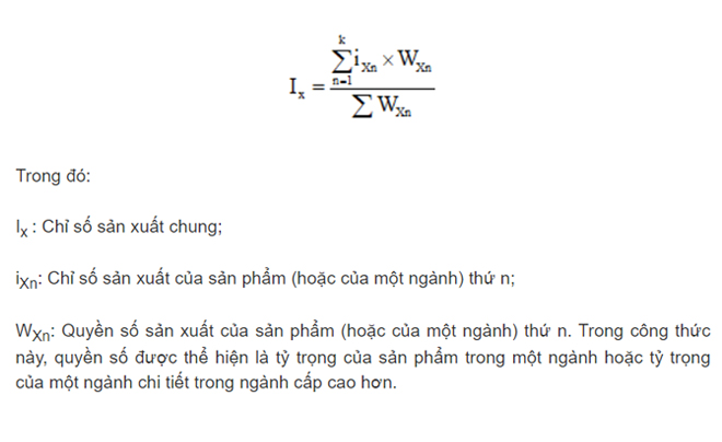 Công thức tính chỉ số sản xuất chung với các ký hiệu và chú thích liên quan đến sản phẩm và quyền số sản xuất.