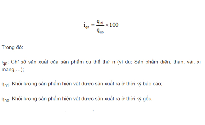 Biểu thức toán học tính chỉ số sản xuất và chú thích các ký hiệu liên quan trong công thức.