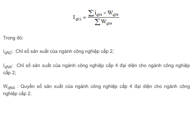 Công thức toán học tính chỉ số sản xuất ngành công nghiệp cấp 2 và chú thích các biến số liên quan.