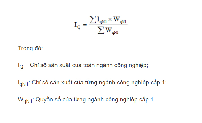 Công thức tính chỉ số sản xuất công nghiệp với các ký hiệu và chú thích chi tiết.