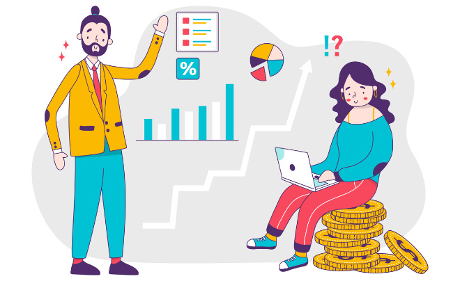 Người đàn ông thuyết trình về biểu đồ, trong khi người phụ nữ ngồi trên chồng tiền xu, làm việc với laptop.