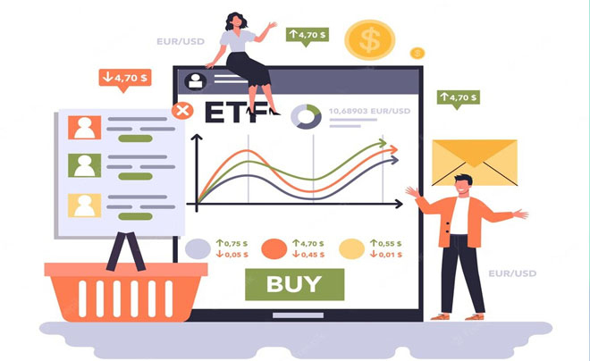 Hình minh họa giao dịch ETF với biểu đồ giá, ký hiệu tiền tệ và hai người đang tương tác với màn hình.