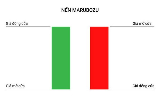 Hình ảnh minh họa hai nến Marubozu, một nến xanh và một nến đỏ, với chú thích giá mở và đóng cửa.