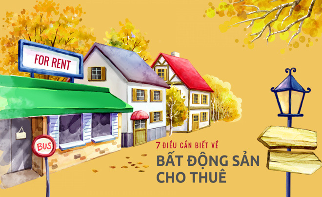 Minh họa các ngôi nhà với biển "For Rent," xung quanh là cây cối và bảng chỉ dẫn, gợi ý về bất động sản cho thuê.
