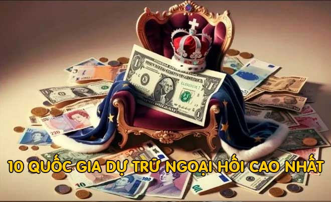 Ghế vương quyền đặt trên nhiều loại tiền tệ khác nhau, có vương miện và chữ "10 quốc gia dự trữ ngoại hối cao nhất".