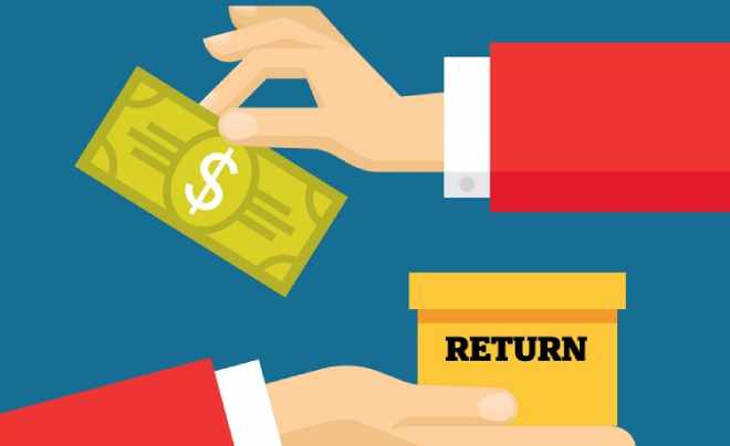 Hai tay trao đổi tiền và hộp màu vàng có chữ "RETURN" trên nền xanh.